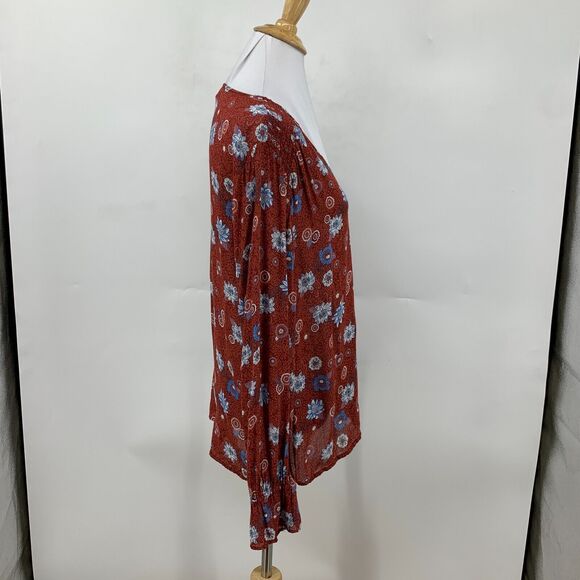 Lucky Brand Blouse Women M Rust Multi Floral Shirred Shoulder V Neck Long Sleeve - Picture 4 of 13
